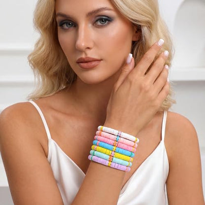 Summer Surfer Heishi Bracelet Set for Women Stackable Gold Plated Clay Ploymer Bead Stretch Pink Beach Layering Bracelets Jewelry - color: B-A5 cross 7pcs
