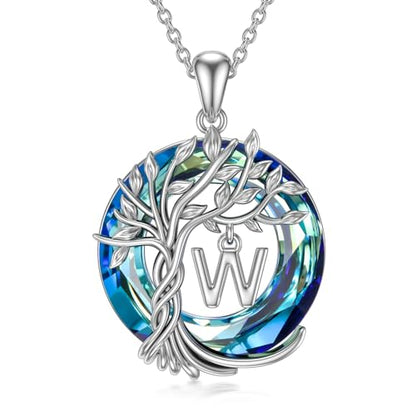 TOUPOP Gifts for Women Tree of Life Initial Necklace 925 Sterling Silver Letter Pendant with Blue Crystal Birthday Jewelry Gifts for Women Her Mom Wife Daughter - color: Tree of Life W Initial