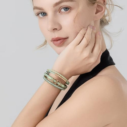 Chunky Boho Leather Wrap Bracelets Cowgirl Beaded Circle Western Jewelry | Stackable Infinity Layered Bohemian Magnetic Clasp Cuff Statement Fashion Colorful Country Hippie Outfits for Women Trendy - color: Avocado