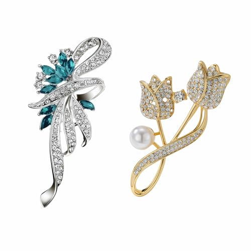 2pcs Rhinestone Brooch Pin for Women Dress Elegant Stylish Crystal Brooches Fashion Accessories Pins Lapel Boutonniere Ideas Wedding Christmas Birthday Jewelry Easter Gift - color: 07 Royal Blue/Gold