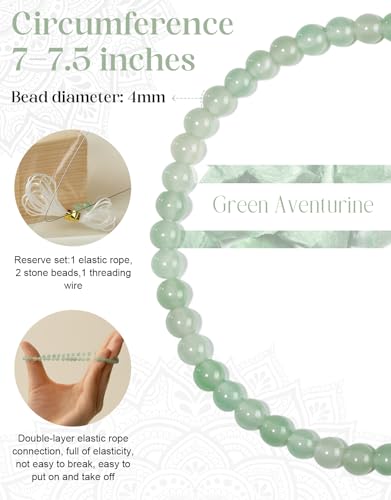 Natural Stone Beaded Bracelets for Men Women, 4mm 6mm 8mm | Healing Crystal, Protection Gemstone, Gift Packaging with Energy Card, Stretch Jewelry, Replacement Beads Included, 18 Stone - color: Green Aventurine(Wealth & Success), size: 4mm