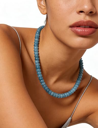Beaded Necklace for Women,Natural Gemstone Necklace for Women,Colorful Bead Choker Necklace Handmade Surfer Beach Necklace Trendy Jewelry Gift for Women - style: Blue Chalcedony