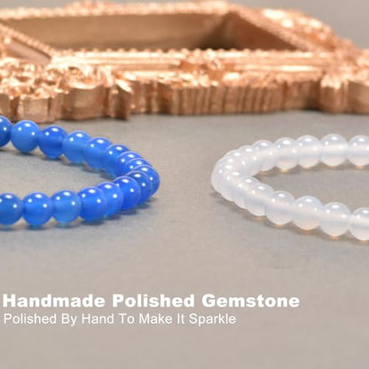 2PCS Agate Bracelet for Women Men Natural Round Beaded Agates Stone Healing Stretch Bracelets Elastic Handmade Polished Gemstone Beads Bracelet - color: White+Blue, size: 6mm Beads