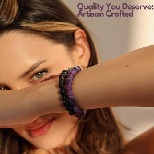 Set Of 2 Couples Bracelet Magnetic Healing Natural Bead Stone Stretch Bracelet Unisex Anniversary, Friendship, Valentine, Christmas Gift - color: Lava+Purple Weathered, style: Without Giftbox