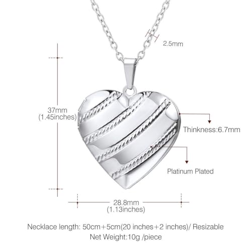 U7 Women Locket Necklace, Heart Photo Lockets Hold Picture, Gift Box Packed | Gold/Silver/Rose Locket Charm, Custom Picture and Engravement Heart Pendant, 20" Chain, Personalized Gift for Mom Wife Friend - color: 05# Platinum Stripe