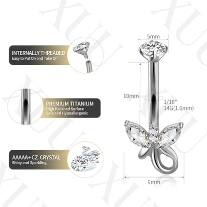XUU Titanium Belly Button Rings 14G, Implant-Grade Navel Piercing, Luxury CZ Shape with Flower Butterfly, Hypoallergenic Curved Barbell Jewelry for Women, Gold or Silver - style: Butterfly Tail-Silver