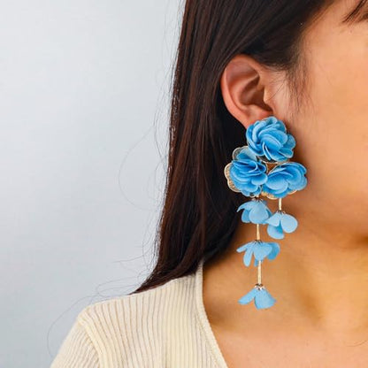 Fabric Flower Earrings for Women Colorful Long Tassel Floral Drop Earrings Fashion Boho Exaggerated Statement Beach Party Jewelry - color: blue