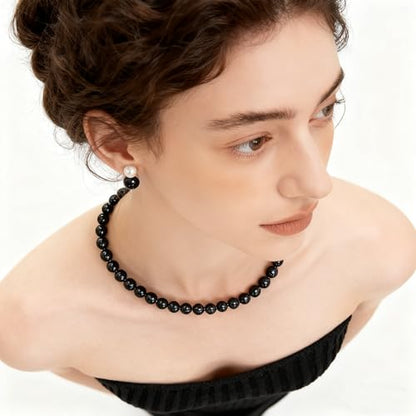 SukAmi 4-10mm Pearl Choker Men Black Pearl Necklace Women Faux Pearl Necklaces 45CM - size: 10mm