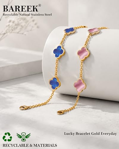 Four Leaf Clover Bracelet for Women 18K Gold Plated Stainless Steel 4 Leaf Link Chain Adjustable Bracelets Lucky Gift for Women/White/Black/Rich Red/Emerald Green/ Navy Blue/Pink Bracelets - color: Blue/Gold
