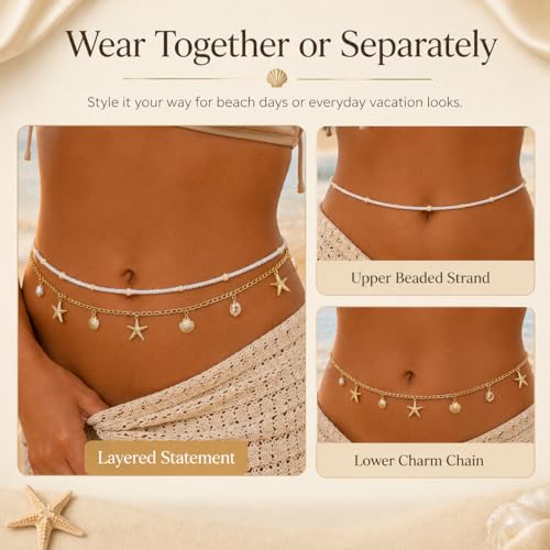 Gold Chain Belt for Women, 14K Gold Plated Layered Pearl Shell Belly Chain, Adjustable Gold Waist Chain and Beach Waist Chain Body Jewelry for Bikini Summer Outfits - color: Pearl Platinum