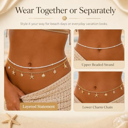 Gold Chain Belt for Women, 14K Gold Plated Layered Pearl Shell Belly Chain, Adjustable Gold Waist Chain and Beach Waist Chain Body Jewelry for Bikini Summer Outfits - color: Pearl Platinum