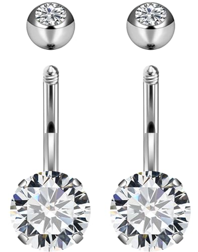 Long Belly Button Ring 6mm 8mm 10mm 12mm 14mm Surgical Stainless Steel Round Cubic Zirconia Navel Barbell Long Bar Belly Button Piercing Jewelry Silver, black, rose gold belly ring - color: 2pcs-8mm-Silver navel ring