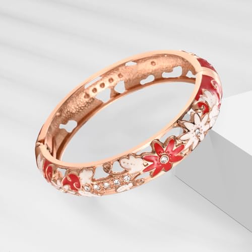 UJOY Womens Multi-Colors Cloisonne Bracelet Plated Flower Hollowed Enameled Hinged Cuff Bangles Jewelry Gift 88A10 - color: 3 Pcs Set-C11-Red