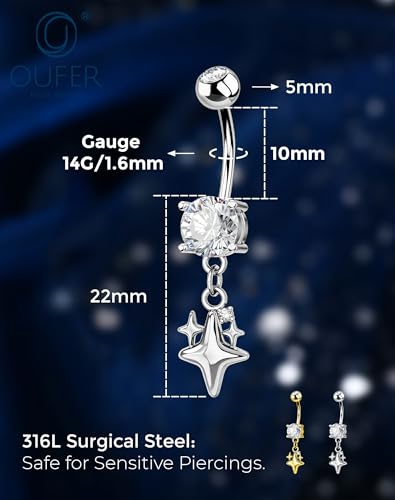 OUFER 14G Star Silver Gold Dangle Belly Button Ring 316L Surgical Stainless Steel CZ 10mm Bar Length Navel Piercing Jewelry for Women - color: Silver