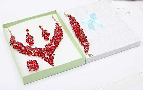 Jewelry Set for Women, Statement Necklace Dangle Earrings Bracelet Ring, White/KC Gold Plated Jewelry Set with Rhinestone Pearl Crystal Wedding Party Jewelry for Bridal Bridesmaid - color: Red-Gold Plated