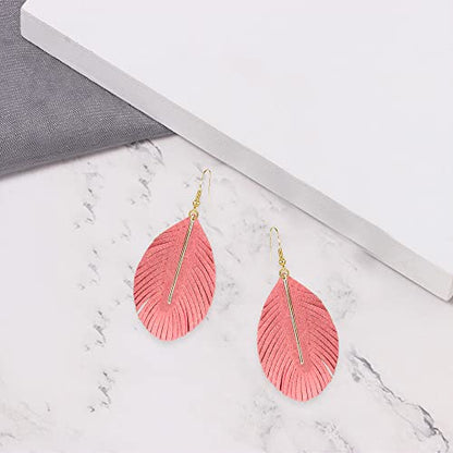 YUNXI Large Genuine Soft Leather Handmade Fringe Feather Lightweight Leaf with Simple Drop Metal Bar Tear Drop Dangle Color Earrings for Women - color: Watermelon Red
