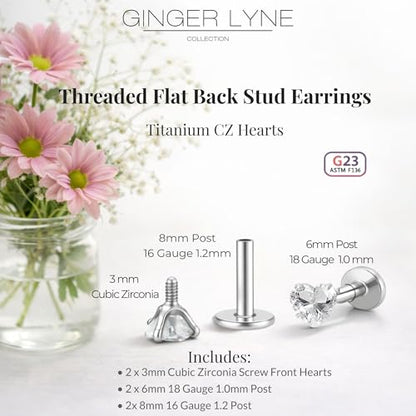 Titanium Heart CZ Labret Stud Earrings for Piercings by Ginger Lyne 6Pc Set G23 Screw Front Flat Back Body Jewelry 2 pair post 6mm, 8mm Cartilage, Helix, Tragus, Lip, Conch, Lobe - color: 3mm-Clear