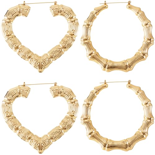 PAGOW 2 Pairs Large Bamboo Earrings, 14K Gold Plated Hoop Bamboo Earrings | Heart-Shaped Hoop Y2K Earrings, Hypoallergenic 80s 90s Shiny Hip Hop Earring Hoops for Women Jewelry Party - 2 Styles - color: gold,2 styles
