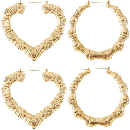 PAGOW 2 Pairs Large Bamboo Earrings, 14K Gold Plated Hoop Bamboo Earrings | Heart-Shaped Hoop Y2K Earrings, Hypoallergenic 80s 90s Shiny Hip Hop Earring Hoops for Women Jewelry Party - 2 Styles - color: gold,2 styles