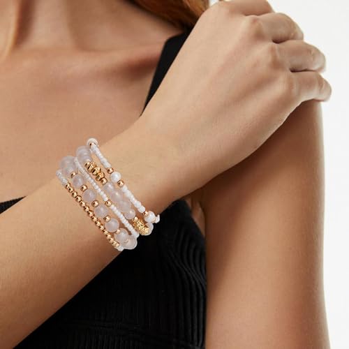 Boho Beaded Stretch Bracelets For Women Stackable Crystal Gold Plated Beaded Bracelets Set Trendy Handmade Friendship Braeclet Jewelry Gifts - color: A-White bead set