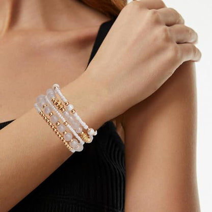 Boho Beaded Stretch Bracelets For Women Stackable Crystal Gold Plated Beaded Bracelets Set Trendy Handmade Friendship Braeclet Jewelry Gifts - color: A-White bead set