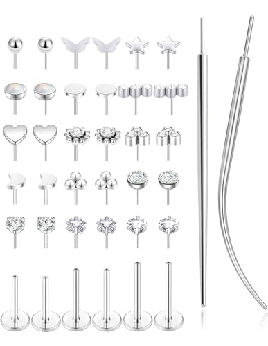 Threadless Push in Nose Studs Rings Stainless Steel Flat Back Earrings Labret Monroe Lip Rings for Women Men Cartilage Helix Conch Tragus Piercing Jewelry 6mm 8mm 10mm Silver Gold Tone - color: Silver, size: 20G(0.8mm)