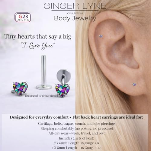 Titanium Heart CZ Labret Stud Earrings for Piercings by Ginger Lyne 6Pc Set G23 Screw Front Flat Back Body Jewelry 2 pair post 6mm, 8mm Cartilage, Helix, Tragus, Lip, Conch, Lobe - color: 3mm-MysticRainbow