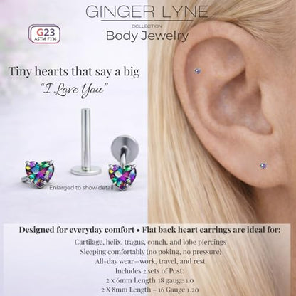 Titanium Heart CZ Labret Stud Earrings for Piercings by Ginger Lyne 6Pc Set G23 Screw Front Flat Back Body Jewelry 2 pair post 6mm, 8mm Cartilage, Helix, Tragus, Lip, Conch, Lobe - color: 3mm-MysticRainbow