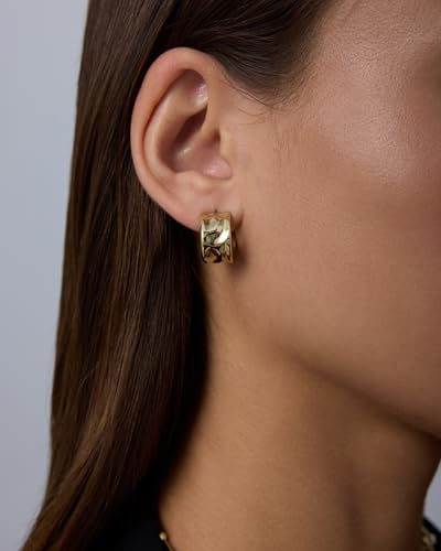 PAVOI Waterproof Hoop Earrings for Women, 14K Gold Plated Chunky Earrings | Statement Huggie Hoops - Stainless Steel Dome, Square, Twisted Earrings Bold Jewelry - color: White Gold