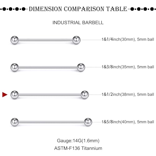 16G-2G ASTM F136 Titanium Internally Threaded Nipple Tongue Rings Piercing Jewelry Straight Industrial Earring Barbell G23 Titanium Nipple Tongue Bars Piercing Jewelry for Women Men 12MM-40MM - style: 14G, 38mm Length, 5mm Ball