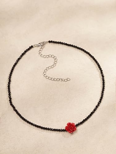 Sacina Red Rose Beaded Crystal Choker Necklace, Goth Emo Punk Grunge Necklace, Christmas Jewelry Gift