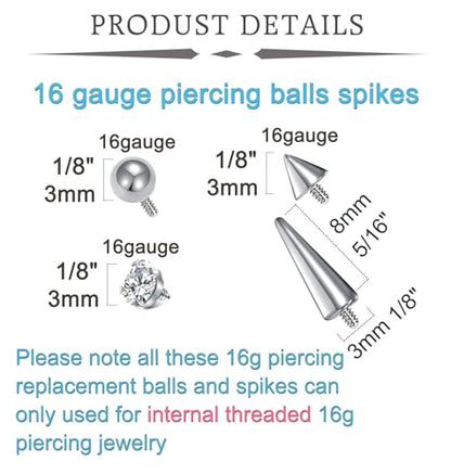 QWALIT 16gauge 14gauge Stainless Steel Replacement Balls for Lip Studs Labret Earrings Piercing Jewelry Septum Rings Externally Threaded Plastic Balls 3mm - 8mm - color: Set B3-16g -internal threaded balls spikes