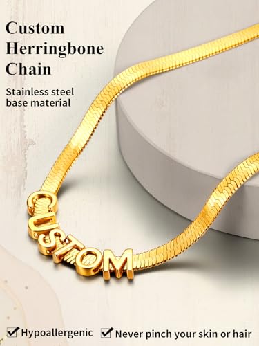 ChainsHouse Flat Snake Chain Herringbone Choker Necklace for Women, Stainless Steel/Rose Gold/18K Gold Plated Dainty Adjustable Simple Short Layered Necklaces, 12"/15"/18" with 3.5" Extender - color: c. 14k gold plated-5mm-custom