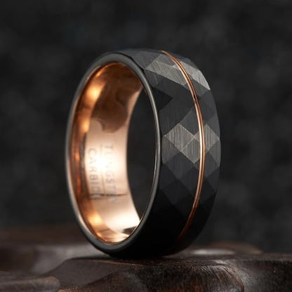 Men's Geometric Faceted Split Band – 8mm Wide Black Tungsten Wedding Ring with Rose Gold Accent (US Sizing)