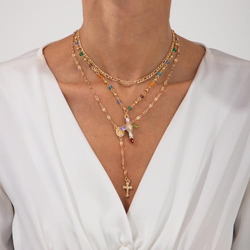 GIGB PBDK Gold Cross Layered Necklaces for Women,Long Colorful Crystal Drop Necklace Unique Big Crucifix Necklace Set,Aesthetic Religious Jewelry Accessories - color: Gold1