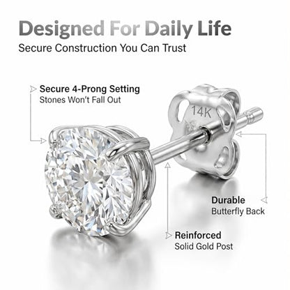 14k Gold Solitaire Round Cubic Zirconia Earrings Studs for Women & Men | Anti Tarnishing CZ Stud Earrings with 14k Gold Butterfly Pushbacks | 4MM-7.5MM by MAX + STONE - color: White Gold, size: 7 mm