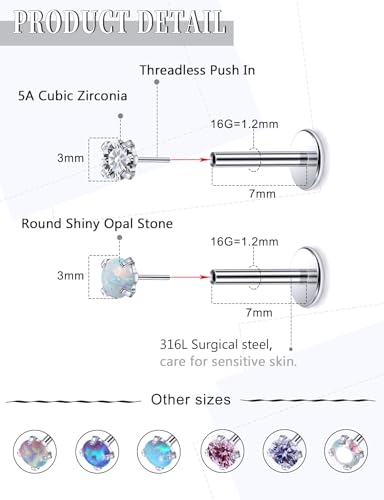 16G 18G 20G Threadless Flat Back Nose Ring Studs Earrings 316L Surgical Steel Tragus Helix Cartilage Earrings Medusa Labret Lip Rings Piercing Jewelry For Women Men Opal CZ 2mm 3mm - style: 16G-7MM Length-Top 3mm