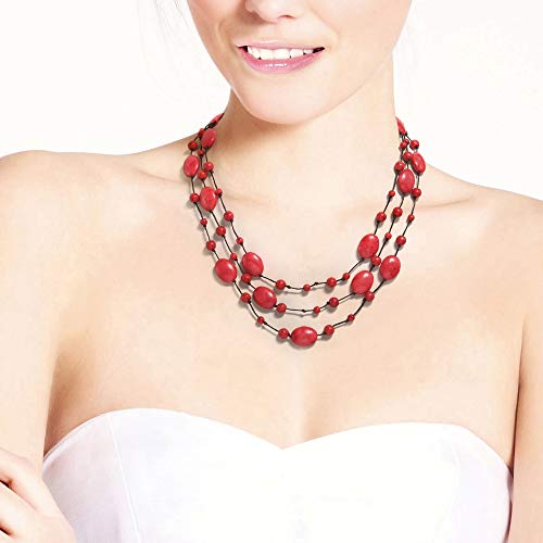 AeraVida Amazing Triple Layer Reconstructed Red Coral on Cotton Rope Statement Necklace | Red Coral Statement Necklace for Women | Triple Layer Red Coral Necklace