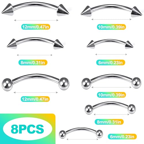 8-Piece Set 16G Eyebrow Rings & Vertical Labret Lip Jewelry, Steel Curved Barbell Piercing Jewelry for Women Men
