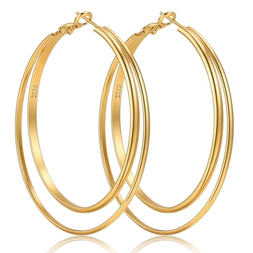 LOUMILEO 14k Gold Plated 925 Sterling Silver Post Double Hoop Earrings Hypoallergenic Lightweight Thin Large Hoop Earrings for Women 25/30/40/50/60mm - color: gold-40mm