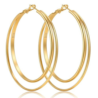 LOUMILEO 14k Gold Plated 925 Sterling Silver Post Double Hoop Earrings Hypoallergenic Lightweight Thin Large Hoop Earrings for Women 25/30/40/50/60mm - color: gold-40mm