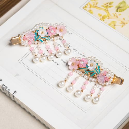 A Pair Wedding Hair Clips, Handmade Floral Design Crystal Hair Clips Pearl Barrettes, Rhinestones Flower Clips Pearl Headpieces Hair Pins Hair Accessories for Women Girls (Pink Flower) - color: Pink Flower