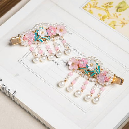 A Pair Wedding Hair Clips, Handmade Floral Design Crystal Hair Clips Pearl Barrettes, Rhinestones Flower Clips Pearl Headpieces Hair Pins Hair Accessories for Women Girls (Pink Flower) - color: Pink Flower