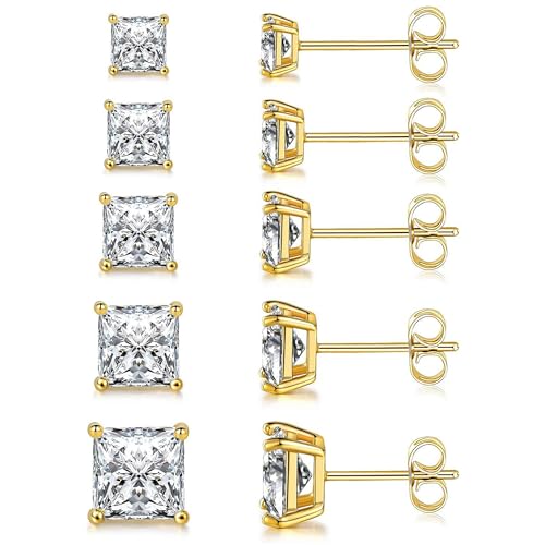 MDFUN 5 Pairs Square Earrings Set for Women Hypoallergenic 18K White Gold/Yellow Gold/Rose Gold Plated Princess Cut Clear Cubic Zirconia Stud Earring 3-7MM Pack of 5 - color: Yellow Gold