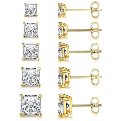 MDFUN 5 Pairs Square Earrings Set for Women Hypoallergenic 18K White Gold/Yellow Gold/Rose Gold Plated Princess Cut Clear Cubic Zirconia Stud Earring 3-7MM Pack of 5 - color: Yellow Gold