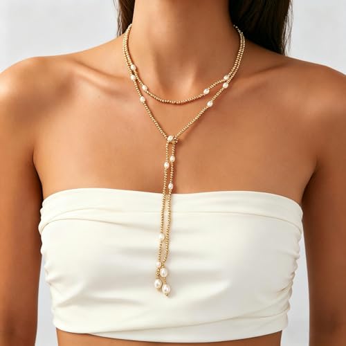 Long Black Beaded Necklace for Women Trendy Gold Beads Slip Tie Pearl Wrap Necklace Layered Silver Lariat Necklaces with Pearl Drop Y Statement Necklaces Versatile Elegant Jewelry - color: Gold-Plated