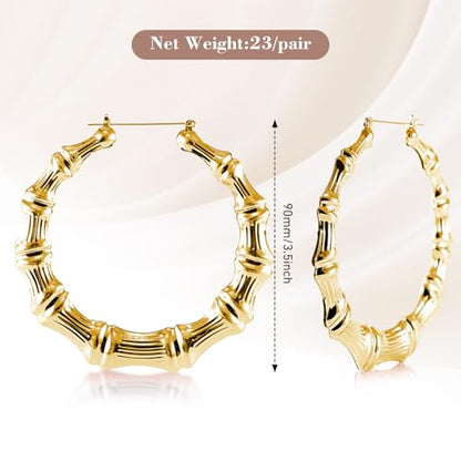 Large Gold Bamboo Hoop Earrings for Women,BigGold Hoop Earrings | 90s 80s Retro Hip Hop Statement Jewelry,90s Accessories Lightweight Thick Gold Hoops for Party/90s Outfit & Daily Wear