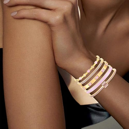 Camhanno Pink Heart Bangle Bracelets for Women - 18K Gold Plated Stackable Stainless Steel, Friendship & Love Jewelry Gift for Her - color: Pink