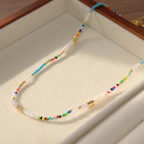 Gold Seed Beaded Necklaces for Women, Boho Handmade Adjustable Colorful Beads Choker Summer Beach Jewelry Gift. - color: White Blue