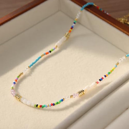 Gold Seed Beaded Necklaces for Women, Boho Handmade Adjustable Colorful Beads Choker Summer Beach Jewelry Gift. - color: White Blue